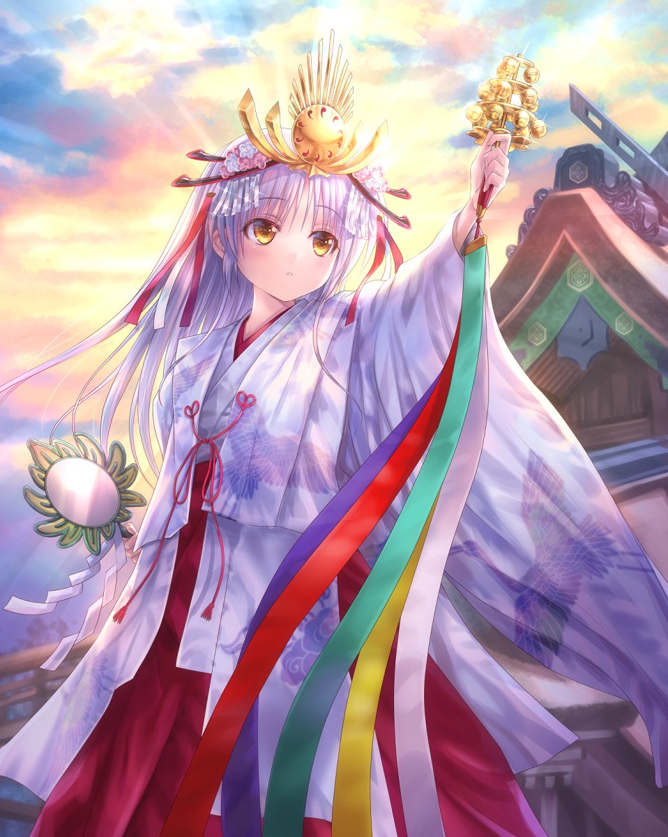 1girl alternate_costume angel_beats! animal_print arm_up bell bird_print blush chihaya_(clothing) clothing_request commentary_request eyes_visible_through_hair feet_out_of_frame goto_p hair_between_eyes hakama highres holding japanese_clothes jingle_bell kagura_suzu kimono long_hair long_sleeves looking_afar miko outdoors parted_lips red_hakama shrine solo standing sunset tachibana_kanade white_hair white_kimono wide_sleeves yellow_eyes