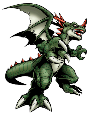 claws coredramon coredramon_(green) digimon dragon horns lowres official_art open_mouth sharp_teeth simple_background tail teeth white_background wings