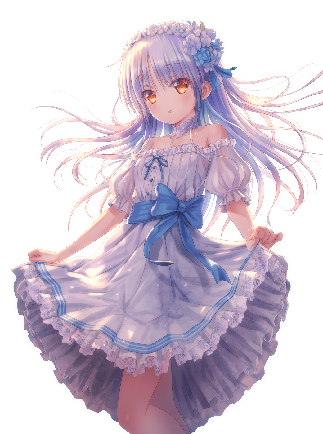 1girl alternate_costume angel_beats! armpit_crease backlighting bare_shoulders black_ribbon blue_bow blue_flower blush bow comiket_103 commentary_request detached_collar dress eyes_visible_through_hair feet_out_of_frame floating_hair flower flower_wreath frilled_dress frills goto_p grey_hair hair_between_eyes hair_flower hair_ornament hairband head_wreath highres jewelry long_hair looking_at_viewer necklace off-shoulder_dress off_shoulder open_mouth puffy_short_sleeves puffy_sleeves ribbon short_sleeves simple_background skirt_hold smile solo standing tachibana_kanade white_background white_dress white_flower white_hairband yellow_eyes