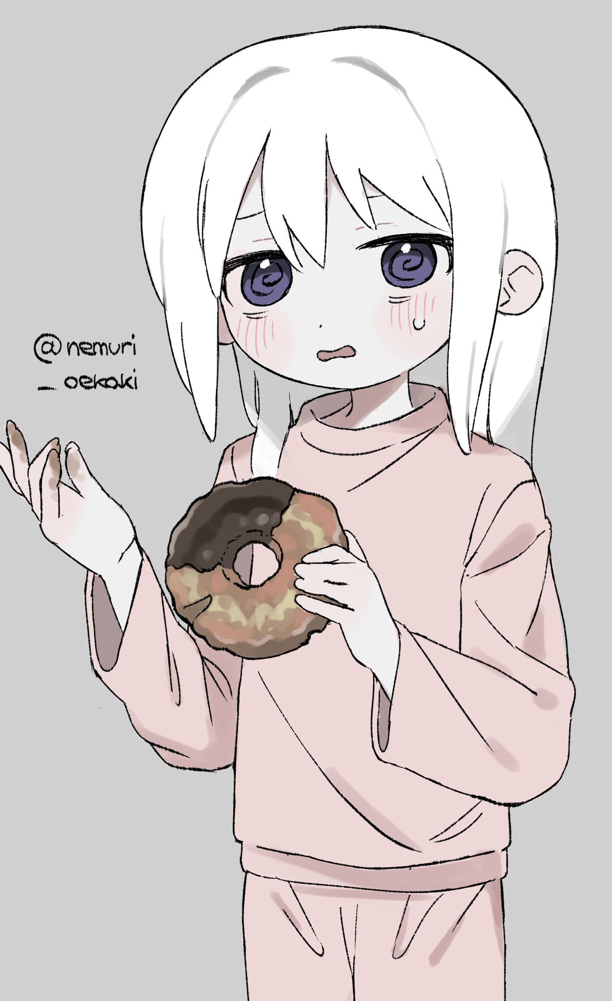 1girl @_@ commentary_request cowboy_shot dirty doughnut food gift_art grey_background hair_between_eyes hands_up highres holding holding_food kunoichi_kazuhito_(kuno_kazu) long_hair long_sleeves looking_at_viewer open_mouth original pajamas pants pink_pants pink_shirt second-party_source shirt simple_background solo standing sweatdrop violet_eyes wavy_mouth white_hair