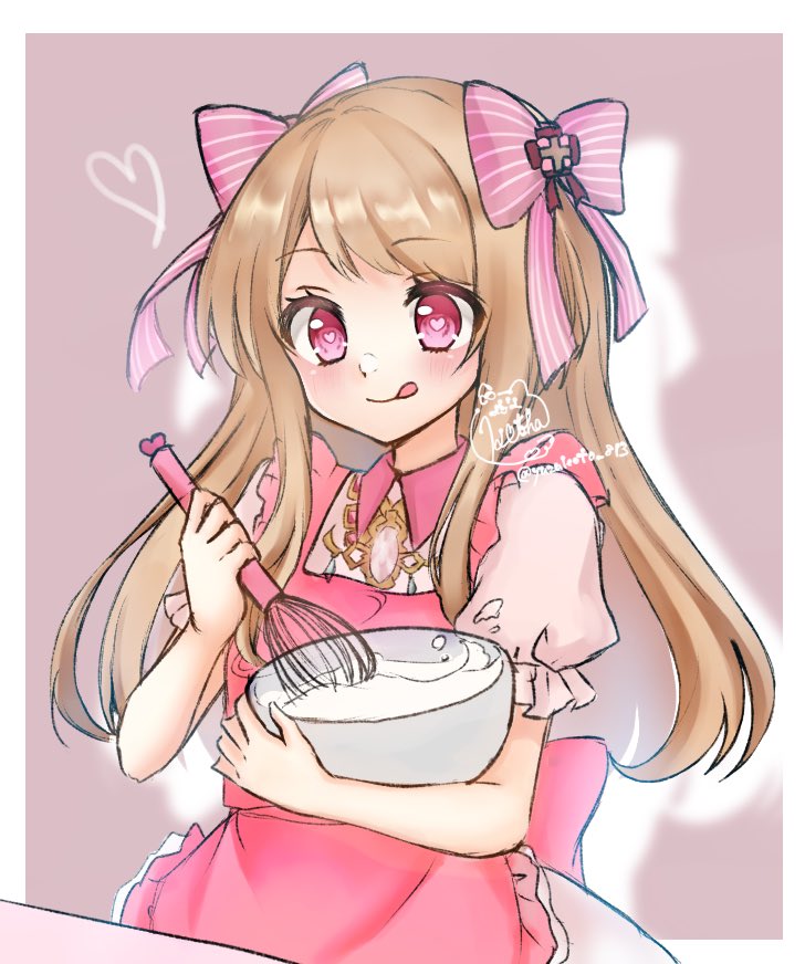1girl apron artist_name blonde_hair blush border bowl chaos_marie_(grimms_notes) cooking grimms_notes hair_ribbon holding holding_bowl long_hair looking_down pink_apron puffy_short_sleeves puffy_sleeves ribbon short_sleeves simple_background smile solo tongue tongue_out upper_body whisk white_border yzkt_813