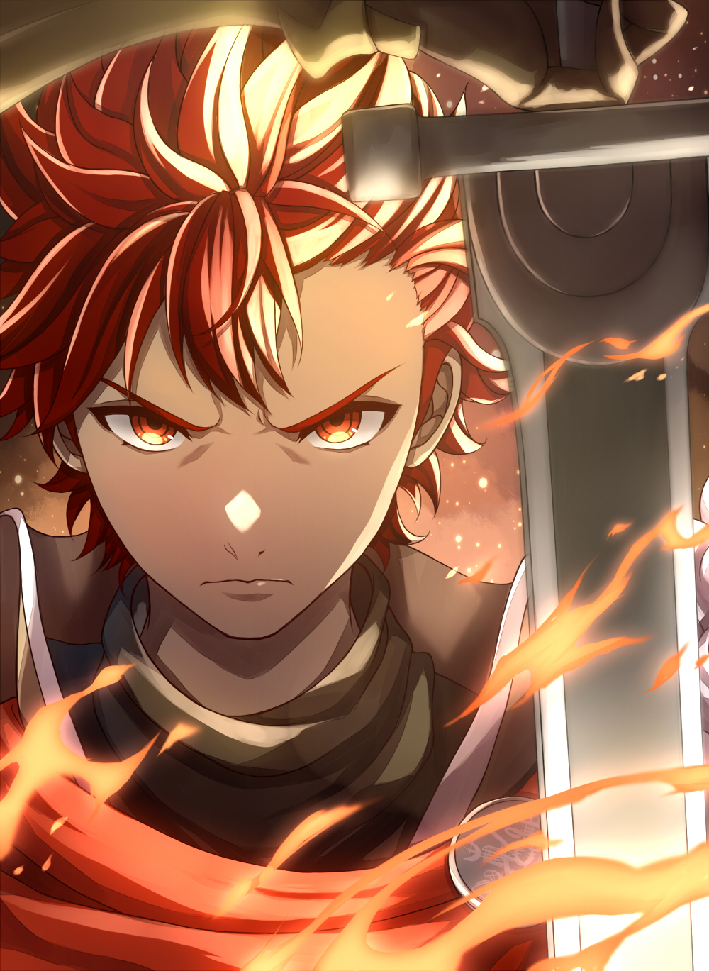 &gt;:( 1boy closed_mouth diamant_(fire_emblem) fire fire_emblem fire_emblem_engage high_collar highres holding holding_sword holding_weapon looking_at_viewer male_focus red_eyes redhead sword v-shaped_eyebrows weapon yozu_(yozu0420)