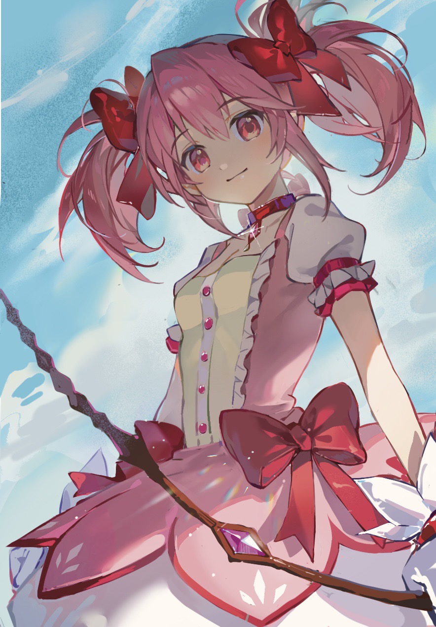 1girl blue_sky bow bow_(weapon) choker clouds collarbone cowboy_shot day dress dress_bow dutch_angle frilled_sleeves frills from_side glint gloves hair_bow highres holding holding_bow_(weapon) holding_weapon kaname_madoka looking_at_viewer magical_girl mahou_shoujo_madoka_magica mahou_shoujo_madoka_magica_(anime) outdoors pink_dress pink_eyes pink_hair puffy_short_sleeves puffy_sleeves red_bow red_choker short_hair short_sleeves short_twintails skirt sky smile solo standing twintails waguxuyalian weapon white_gloves white_skirt