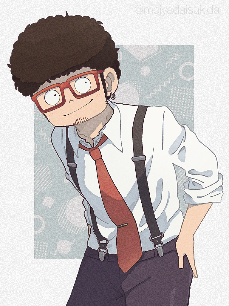 1boy black_hair black_pants earrings facial_hair franky_franklin glasses hand_on_own_hip jewelry looking_at_viewer male_focus necktie ouka_(gegege_853suki) pants red_necktie shirt single_earring sleeves_rolled_up smile solo spy_x_family stubble suspenders tie_clip twitter_username white_shirt