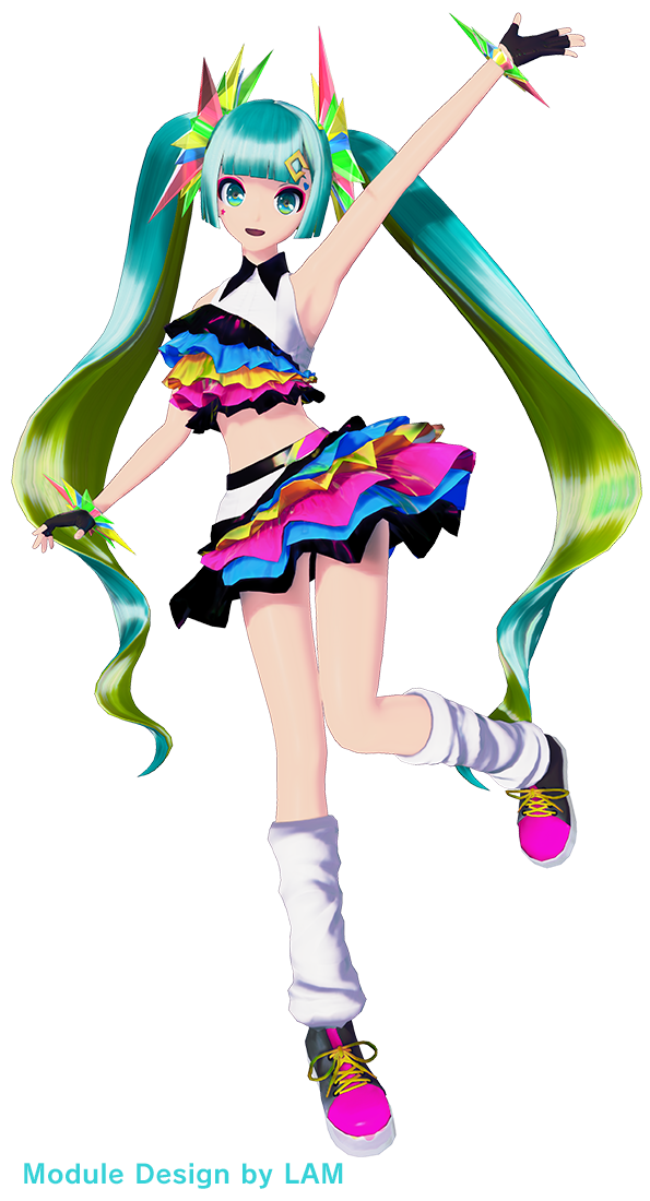 1girl 3d alpha_transparency aqua_hair armpits artist_name black_gloves black_skirt blue_skirt boots crop_top frills full_body gloves green_hair hair_ornament hatsune_miku kneehighs knees lam_(ramdayo) long_hair looking_at_viewer midriff miniskirt multicolored_clothes multicolored_footwear multicolored_hair official_art pink_footwear project_diva_(series) project_diva_mega39's shirt simple_background skirt sleeveless sleeveless_shirt socks solo standing standing_on_one_leg thighs twintails very_long_hair vocaloid white_background white_socks
