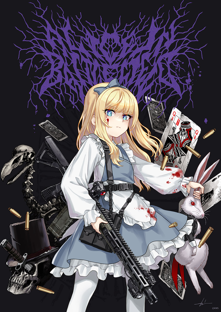 1girl alice_(alice_in_wonderland) alice_in_wonderland apron ar-15 black_background black_dress blonde_hair blood blood_on_clothes blood_on_face blue_bow blue_dress blue_eyes bow card commentary dagger dress english_commentary gun highres holding knife kws looking_at_viewer maid maid_apron optical_sight playing_card rabbit red_eyes rifle serious shirt skull solo weapon white_apron white_shirt