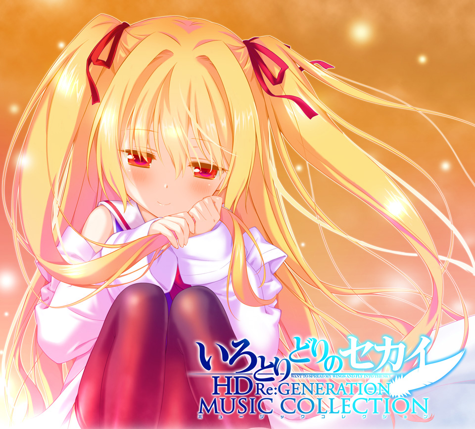 1girl album_cover bare_shoulders black_thighhighs blonde_hair blush closed_mouth commentary_request copyright_name cover english_text floating_hair hair_between_eyes hair_intakes hair_ribbon half-closed_eyes holding holding_hair irotoridori_no_sekai knees_up lab_coat long_hair long_sleeves looking_down nikaidou_shinku official_art orange_background red_eyes red_ribbon ribbon sailor_collar school_uniform shida_kazuhiro simple_background sitting smile solo thigh-highs two_side_up very_long_hair white_sailor_collar