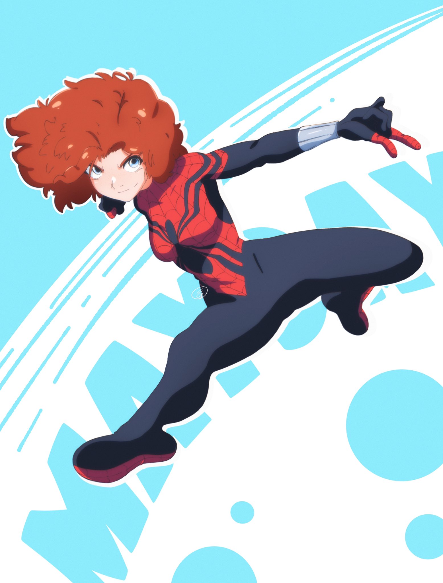 1girl animal_print animification bodysuit commentary english_commentary happy_new_year highres marvel mayday_parker print_bodysuit red_bodysuit redhead smile solo spider-man:_across_the_spider-verse spider-man_(series) spider-verse spider_print spider_web_print superhero thejg two-tone_bodysuit