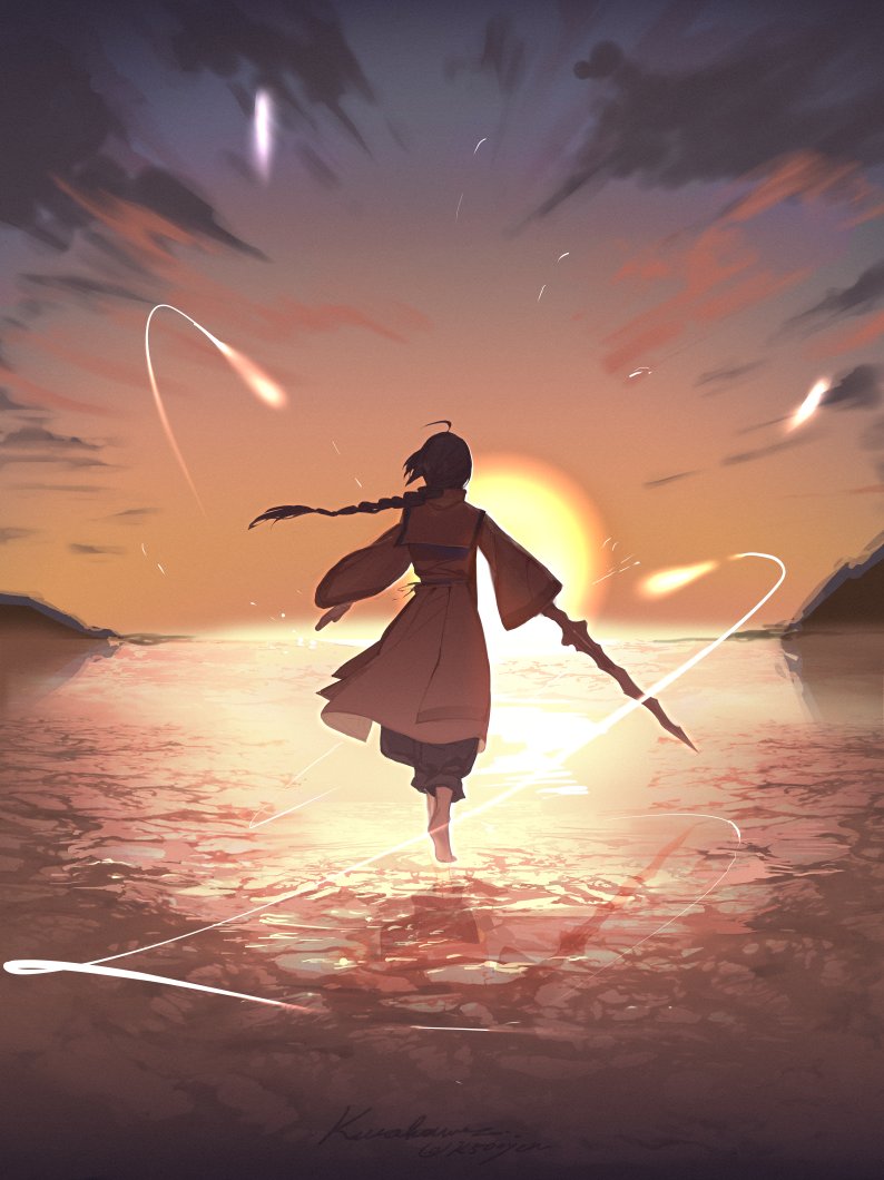 1other ahoge barefoot black_hair braid braided_ponytail clouds fate/grand_order fate/samurai_remnant fate_(series) from_behind gradient_sky holding holding_sword holding_weapon horizon japanese_clothes k500yen long_hair saber_(fate/samurai_remnant) single_braid sky solo sun sunset sword weapon