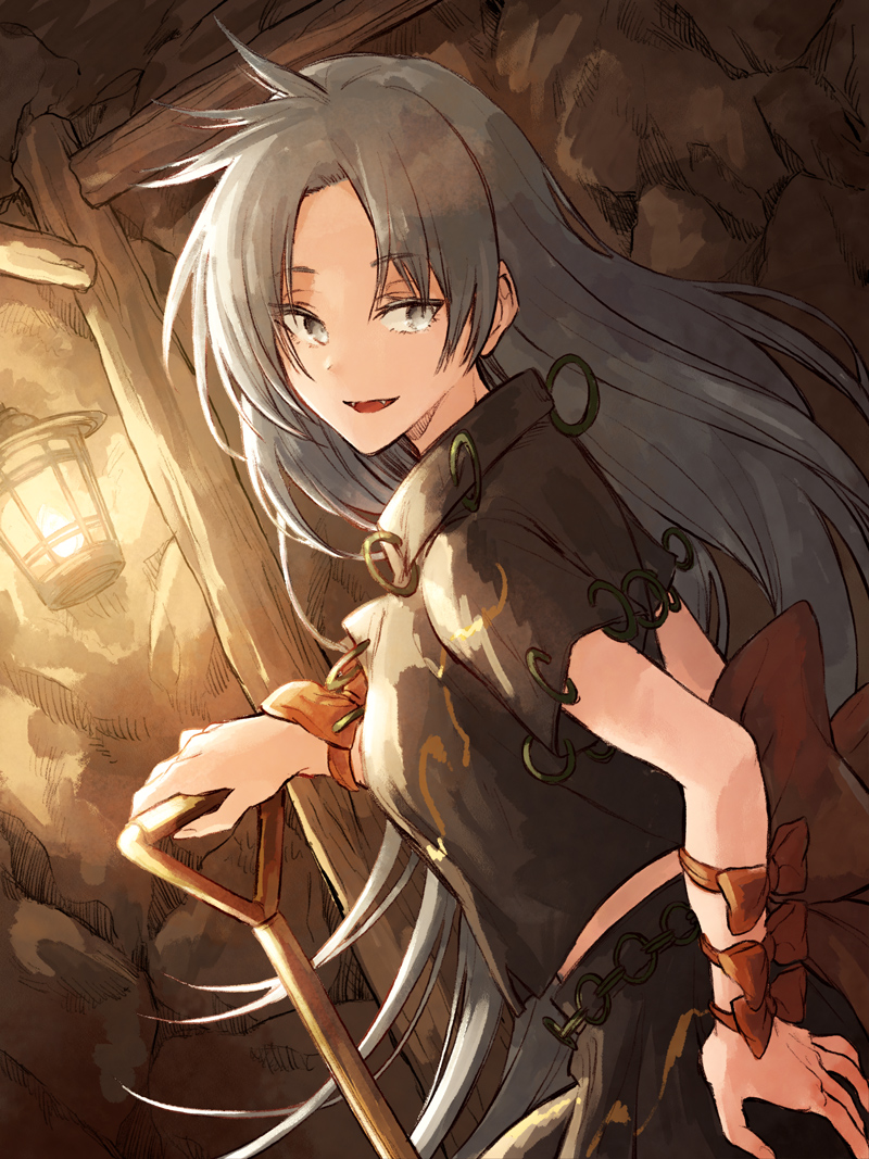 1girl back_bow black_shirt black_skirt bow brown_bow collared_shirt commentary_request cowboy_shot dutch_angle eyes_visible_through_hair fangs from_side grey_eyes grey_hair hand_on_own_hip hatching_(texture) himemushi_momoyo hisona_(suaritesumi) jewelry lantern linear_hatching long_hair looking_back mine open_mouth ring shirt short_sleeves shovel skirt smile solo touhou underground wrist_bow