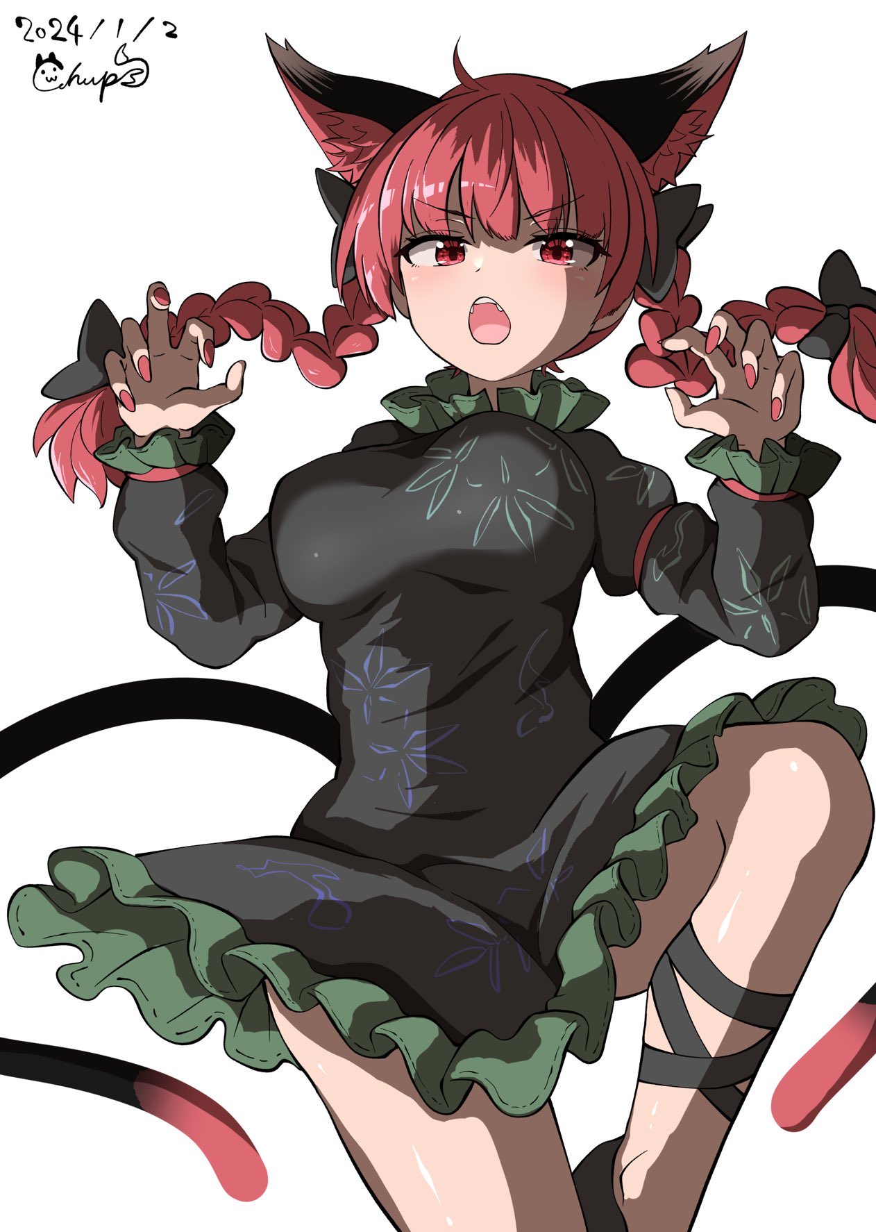 1girl animal_ears black_bow black_dress black_footwear bow braid breasts cat_ears cat_tail chups commentary_request dated dress extra_ears frilled_dress frills hair_bow highres kaenbyou_rin long_hair looking_at_viewer multiple_tails nekomata open_mouth red_eyes red_nails redhead side_braids signature simple_background solo tail teeth touhou twin_braids two_tails upper_teeth_only white_background