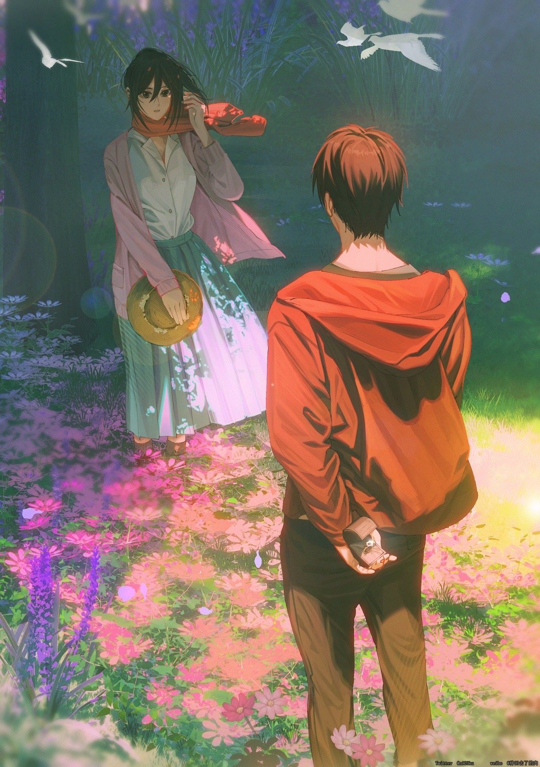 1boy 1girl back bird black_eyes black_hair blue_flower blue_skirt brown_hair brown_headwear brown_pants brown_socks buttons collared_shirt diamond_(gemstone) eren_yeager feathered_wings feathers flower flying grass grey_shirt hair_between_eyes hand_up hat hat_flower highres holding holding_clothes holding_hat hood hoodie jacket jewelry long_skirt long_sleeves looking_at_another mikasa_ackerman niku_(ni23ku) open_clothes open_jacket open_mouth outdoors pants petals pink_flower pink_jacket pocket purple_flower red_hoodie red_scarf ring ring_box scarf shingeki_no_kyojin shirt short_hair skirt socks sparkle standing tree unworn_headwear wedding_ring white_feathers white_shirt wings yellow_flower