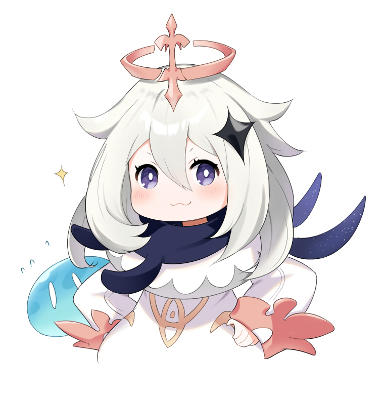 1girl :3 ai-generated bright_pupils closed_mouth dress flying_sweatdrops genshin_impact hair_between_eyes halo hands_on_own_hips noi_(nononoi339) paimon_(genshin_impact) purple_scarf scarf slime_(creature) slime_(genshin_impact) upper_body violet_eyes white_dress white_hair white_pupils