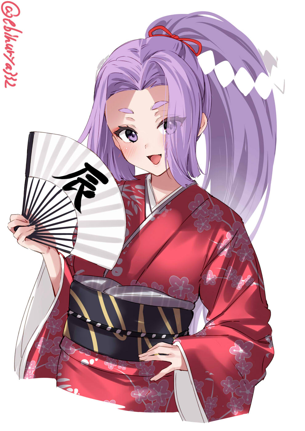1girl alternate_costume blush breasts ebifurya flat_chest folded_fan folding_fan forehead hair_ribbon hand_fan hand_up hatsuharu_(kancolle) high_ponytail highres holding holding_fan japanese_clothes kantai_collection kimono long_hair long_sleeves looking_at_viewer obi one-hour_drawing_challenge open_mouth ponytail purple_hair red_kimono ribbon sash short_eyebrows sidelocks simple_background small_breasts smile solo thick_eyebrows twitter_username upper_body very_long_hair violet_eyes white_background wide_sleeves