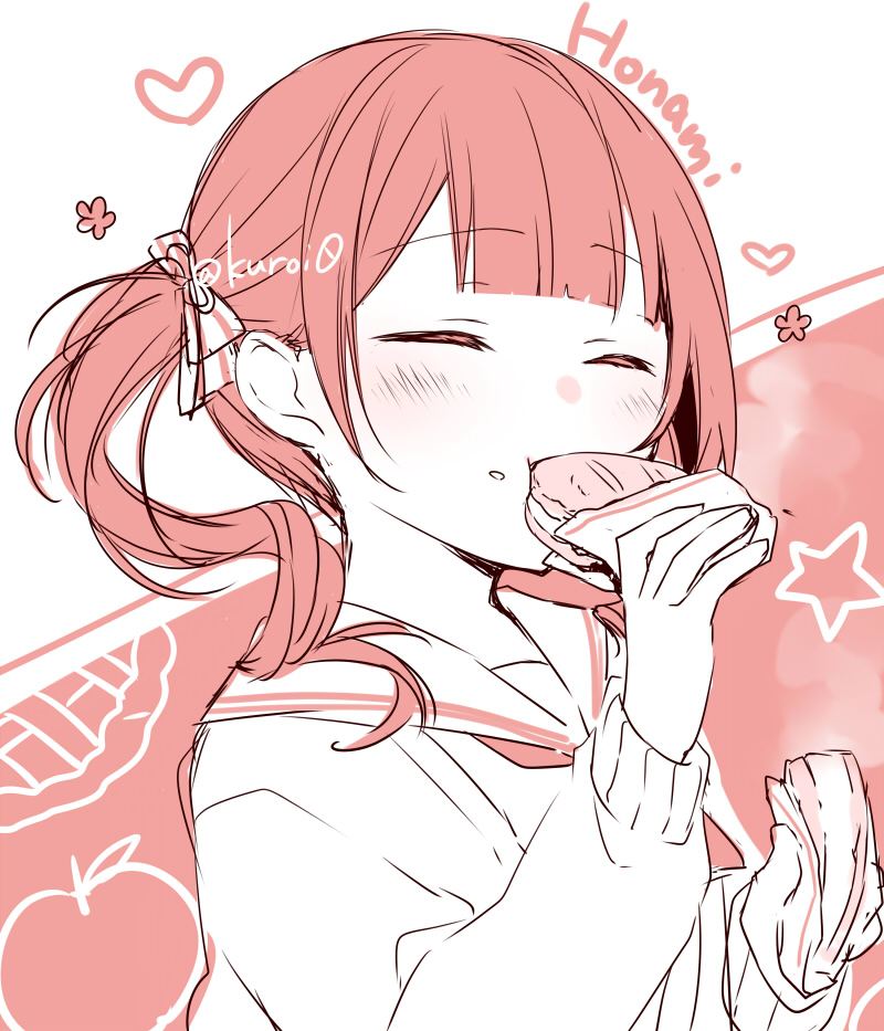 1girl blush bow character_name closed_eyes eating food food_on_face hair_bow hands_up heart holding holding_food kuroi_(liar-player) long_hair long_sleeves mochizuki_honami monochrome neckerchief project_sekai puffy_long_sleeves puffy_sleeves red_neckerchief red_theme redhead sailor_collar shirt side_ponytail solo star_(symbol) striped striped_bow upper_body white_sailor_collar white_shirt