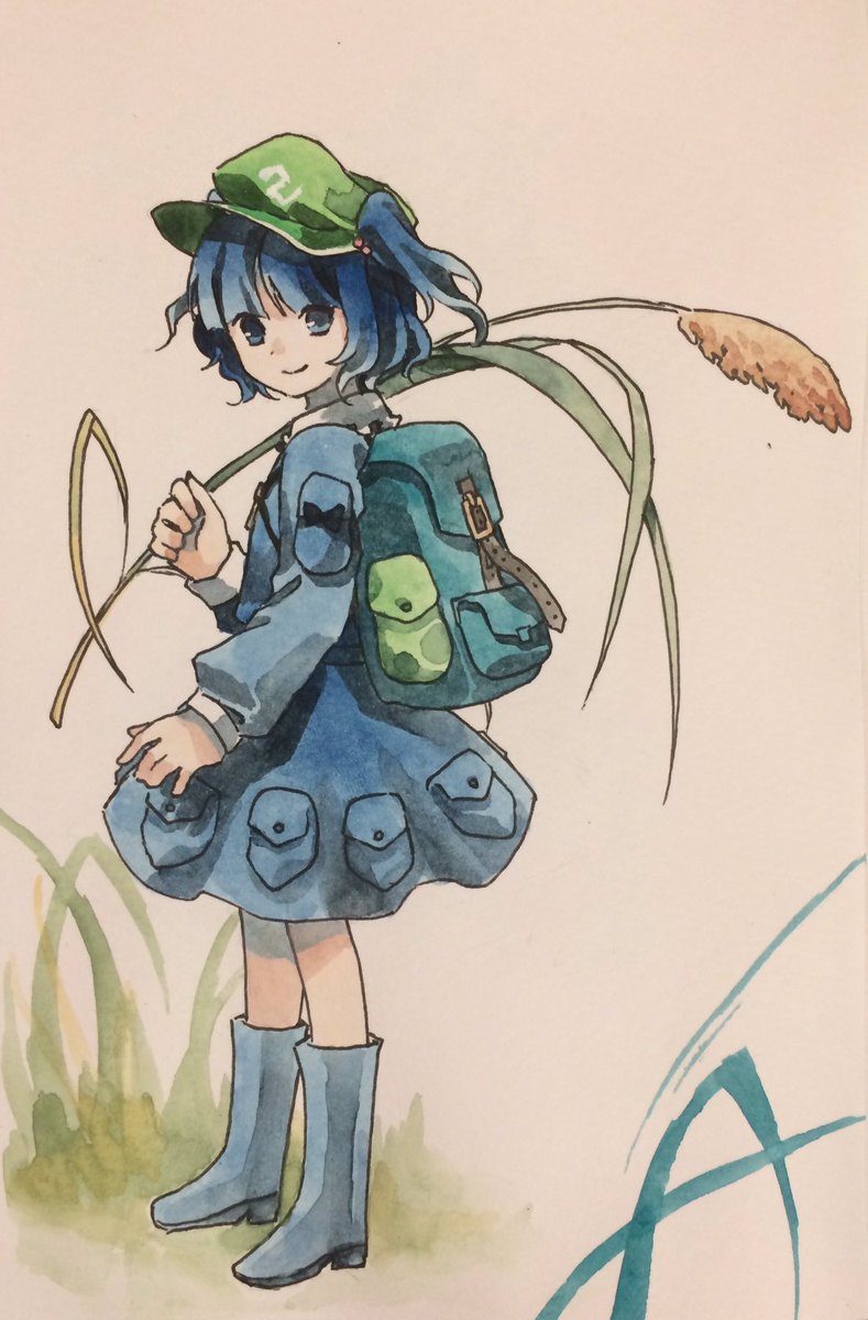 1girl backpack bag black_bow blue_bag blue_eyes blue_footwear blue_hair blue_jacket blue_sky boots bow cattail closed_mouth commentary_request green_headwear hair_bobbles hair_ornament hat highres holding holding_plant jacket kaigen_1025 kawashiro_nitori looking_at_viewer painting_(medium) plant pocket shirt skirt_pocket sky smile solo touhou traditional_media twintails watercolor_(medium) white_shirt