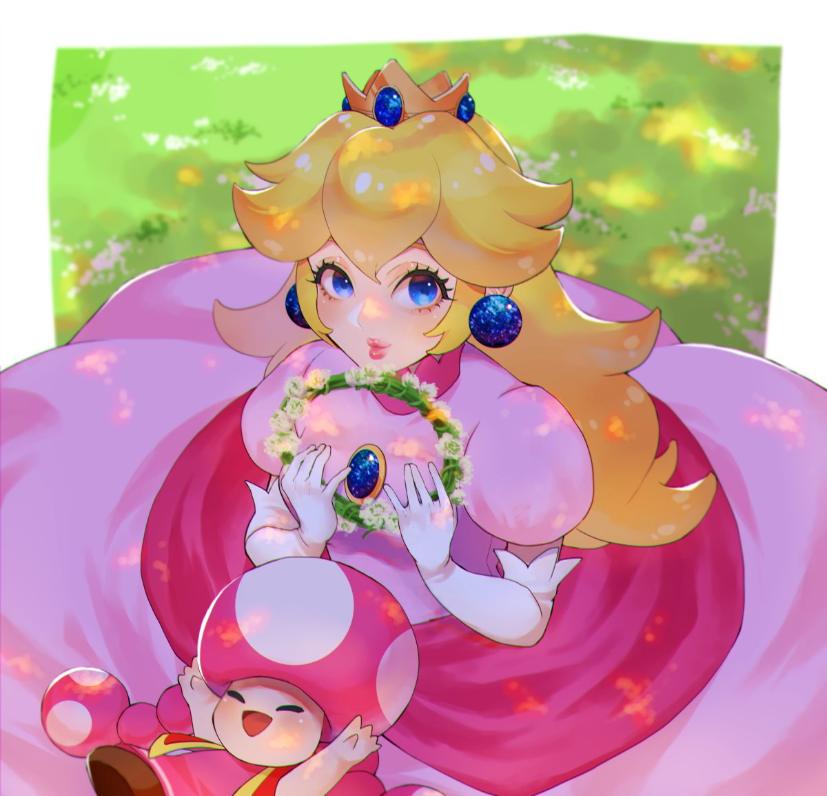 2girls blonde_hair blue_eyes brooch closed_eyes crown dress earrings elbow_gloves from_above gloves grass holding_wreath jewelry long_hair looking_at_viewer looking_up multiple_girls open_mouth pink_dress princess_peach puffy_short_sleeves puffy_sleeves red_vest short_sleeves sphere_earrings super_mario_bros. toadette vest white_gloves yoghurt_umauma