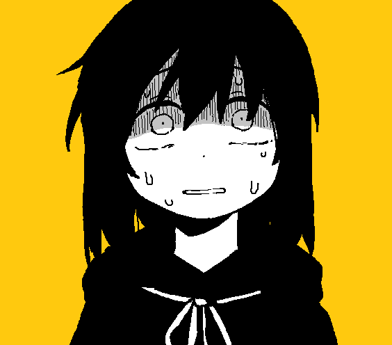 1girl bbyong403 copyright_request dot_nose hood hood_down hoodie jaggy_lines limited_palette medium_hair monochrome nervous_sweating open_mouth partially_colored portrait scared shaded_face simple_background sketch solo sweat yellow_background