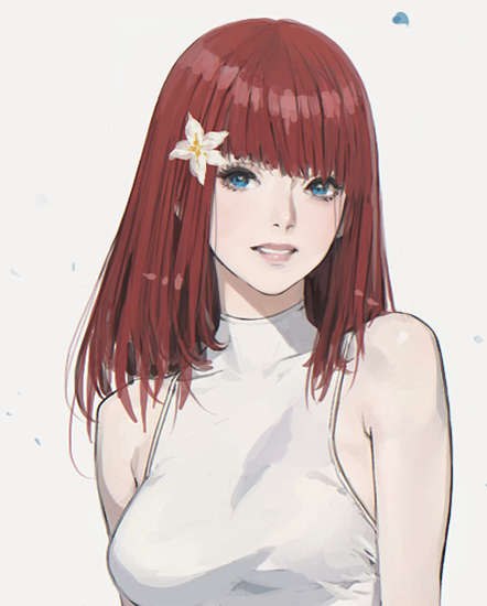 1girl bare_arms bare_shoulders blue_petals blunt_bangs breasts commentary covered_collarbone d.k english_commentary falling_petals flower grey_background hair_flower hair_ornament light_blush lips looking_at_viewer lunar_tear medium_breasts medium_hair nier:automata nier_(series) petals popola portrait redhead shirt simple_background skin_tight sleeveless sleeveless_shirt smile solo straight_hair upper_body white_flower white_shirt