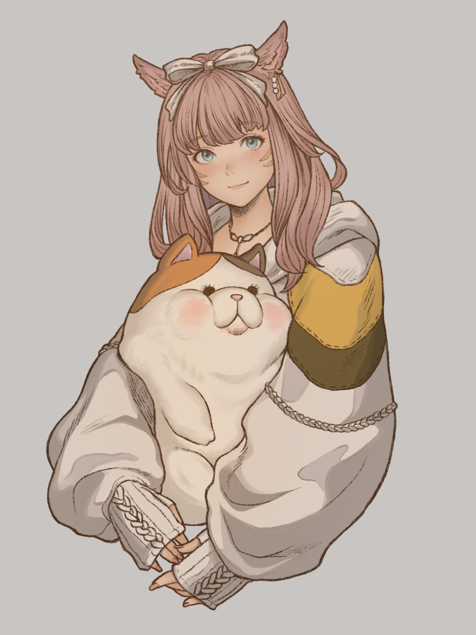 1girl animal animal_ears blue_eyes cat cat_ears closed_mouth fat_cat_(ff14) final_fantasy final_fantasy_xiv grey_background hair_ribbon highres holding holding_animal holding_cat hood hoodie jewelry long_hair looking_at_viewer miqo'te necklace patchwork_clothes pink_hair ribbon solo udongo99 upper_body warrior_of_light_(ff14) white_hoodie wide_sleeves