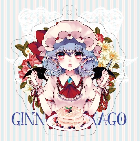 1girl ascot blue_brooch breasts brooch collared_shirt fang floral_background flower food fork frilled_ascot frilled_shirt_collar frills fruit ginzuki_ringo hair_between_eyes hat hat_ribbon holding holding_fork holding_knife jewelry knife looking_at_viewer lowres medium_hair mob_cap open_mouth pancake pancake_stack pink_headwear pink_shirt plate puffy_short_sleeves puffy_sleeves purple_hair red_ascot red_eyes red_flower red_ribbon remilia_scarlet ribbon ribbon-trimmed_headwear ribbon_trim shirt short_sleeves sleeve_ribbon small_breasts solo strawberry striped striped_background touhou upper_body vertical_stripes white_flower wrist_cuffs yellow_flower