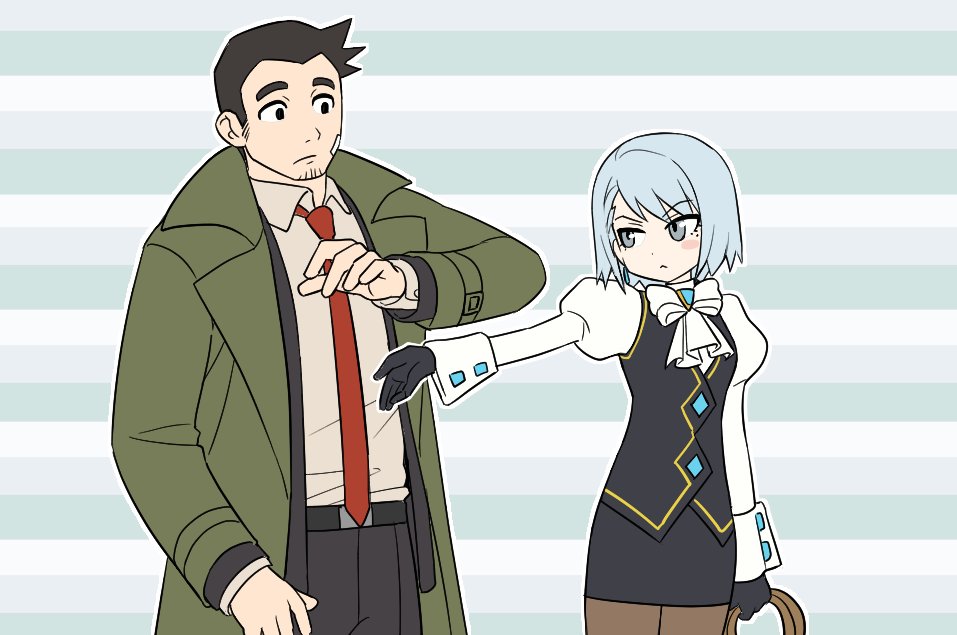 1boy 1girl ace_attorney bandage_on_face bandages black_eyes black_gloves black_hair black_pants black_skirt black_vest blue_hair bow closed_mouth coat dick_gumshoe franziska_von_karma frown gloves goatee_stubble green_coat grey_eyes gwiga0 holding holding_whip juliet_sleeves long_sleeves outstretched_arm pants puffy_sleeves shirt sideburns sideburns_stubble skirt striped striped_background vest white_bow white_shirt world_is_mine_(vocaloid)