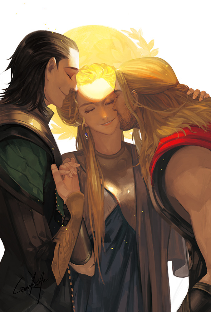 1girl 2boys armor artist_name bare_shoulders beard black_armor black_hair black_shirt blonde_hair blue_dress brothers cape character_request closed_eyes closed_mouth dress earrings english_commentary facial_hair fingernails gem gold_trim hand_up hands_up holding holding_hands jewelry kiss kissing_cheek lips loki_(marvel) long_hair long_sleeves marvel marvel_cinematic_universe medium_hair mother_and_son multiple_boys muscular muscular_male purple_gemstone red_cape shirt siblings sidelocks simple_background sleeveless sleeveless_shirt smile standing sun_symbol teeth thor_(marvel) wacoincidence-blog white_background