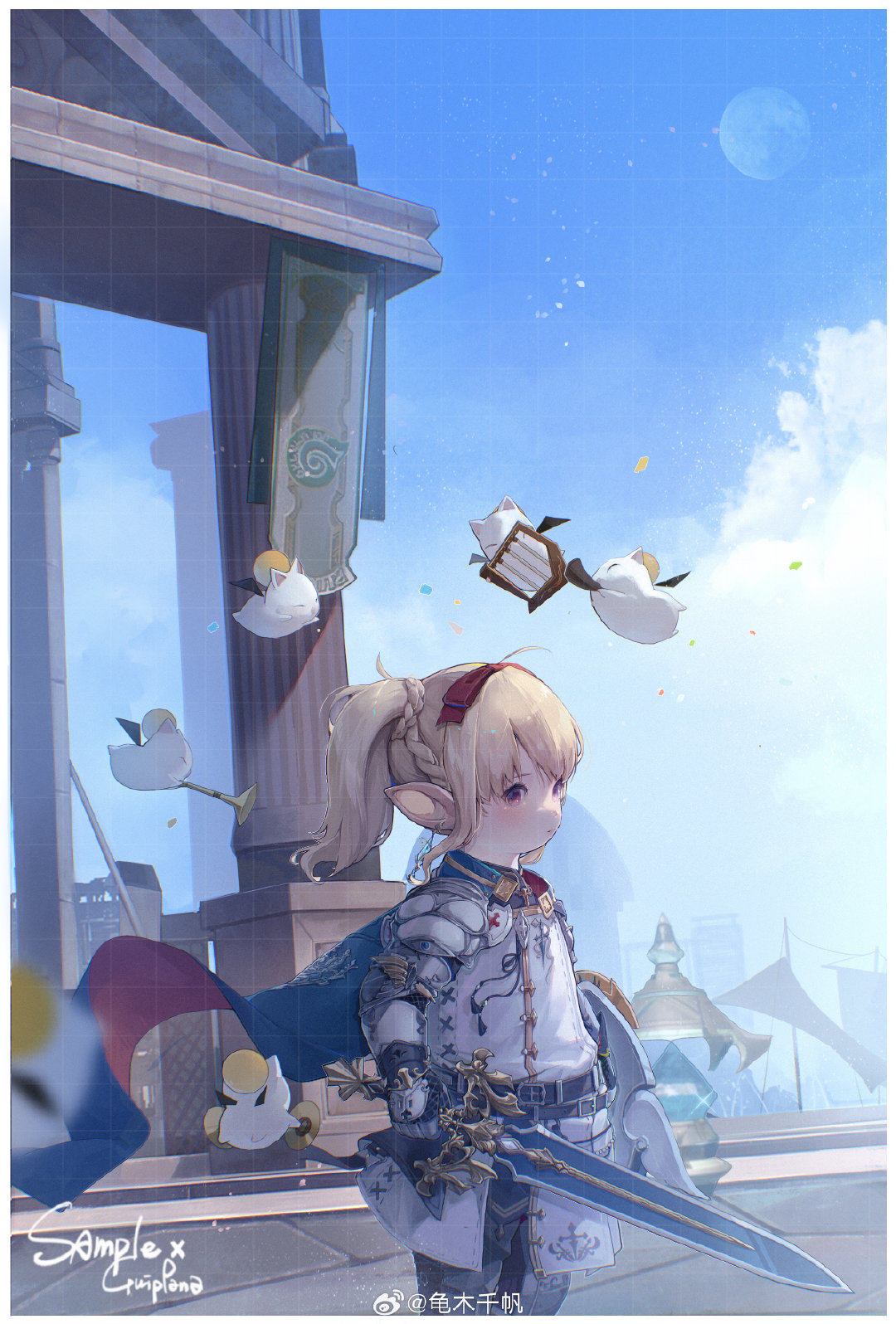 1girl armor banner blonde_hair blue_cape braid cape closed_mouth cymbals feet_out_of_frame final_fantasy final_fantasy_xiv full_body gauntlets greaves guippang hair_ribbon highres holding holding_harp holding_instrument holding_shield holding_sword holding_weapon horn_(instrument) instrument lalafell moogle paladin_(final_fantasy) pink_eyes pointy_ears red_ribbon ribbon shield short_hair side_ponytail solo stone_floor stone_pillar sword warrior_of_light_(ff14) weapon