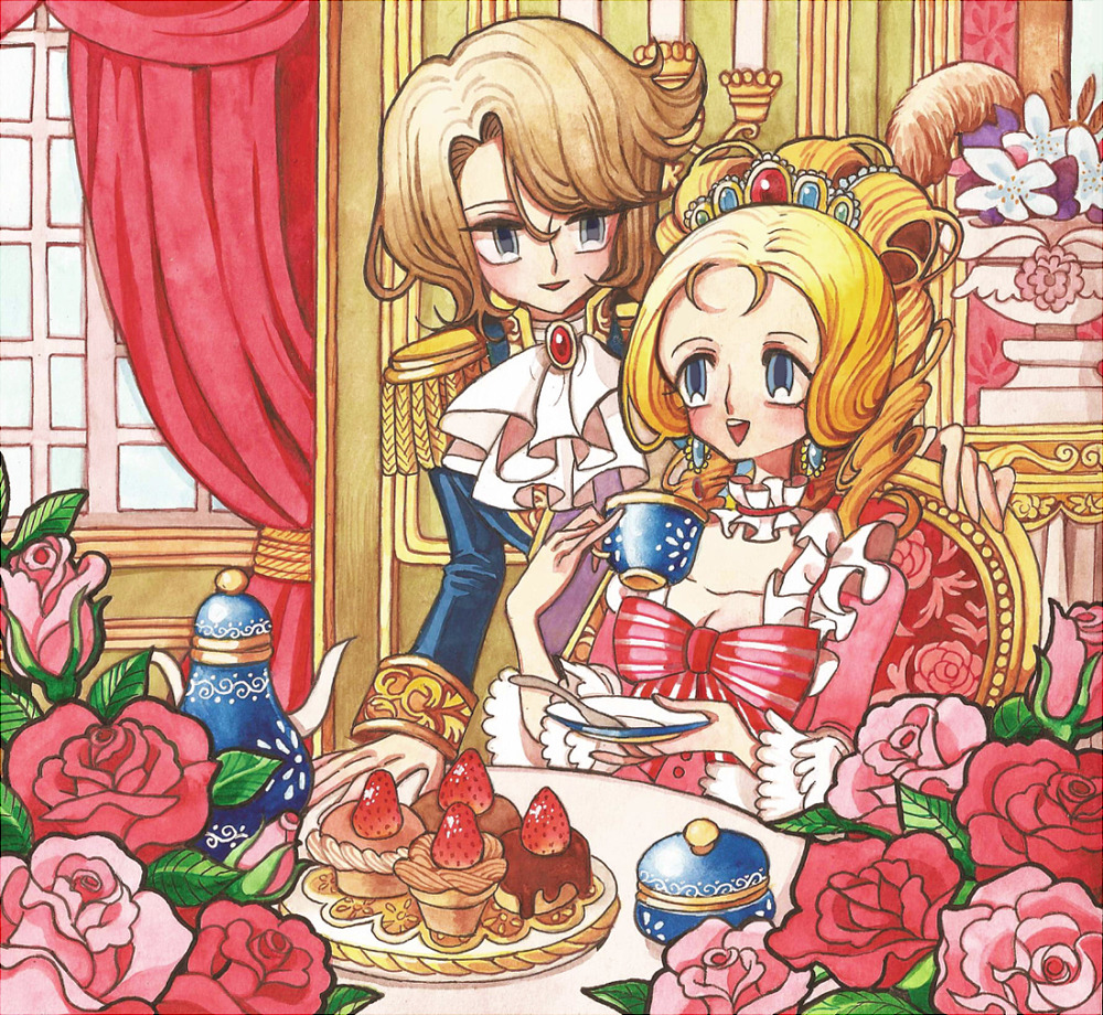 1boy 1girl aiguillette ascot blonde_hair blue_eyes blue_jacket bow cup cupcake curtains dress earrings epaulettes flower food fruit hans_axel_von_fersen holding holding_cup holding_saucer indoors jacket jewelry leaning_forward long_hair long_sleeves looking_at_another marie_antoinette_(versailles_no_bara) meremero open_mouth pink_bow pink_dress pink_flower pink_rose plate princess red_flower red_rose rose saucer sitting smile spoon standing strawberry table teacup teapot third-party_source tiara traditional_media versailles_no_bara white_ascot window