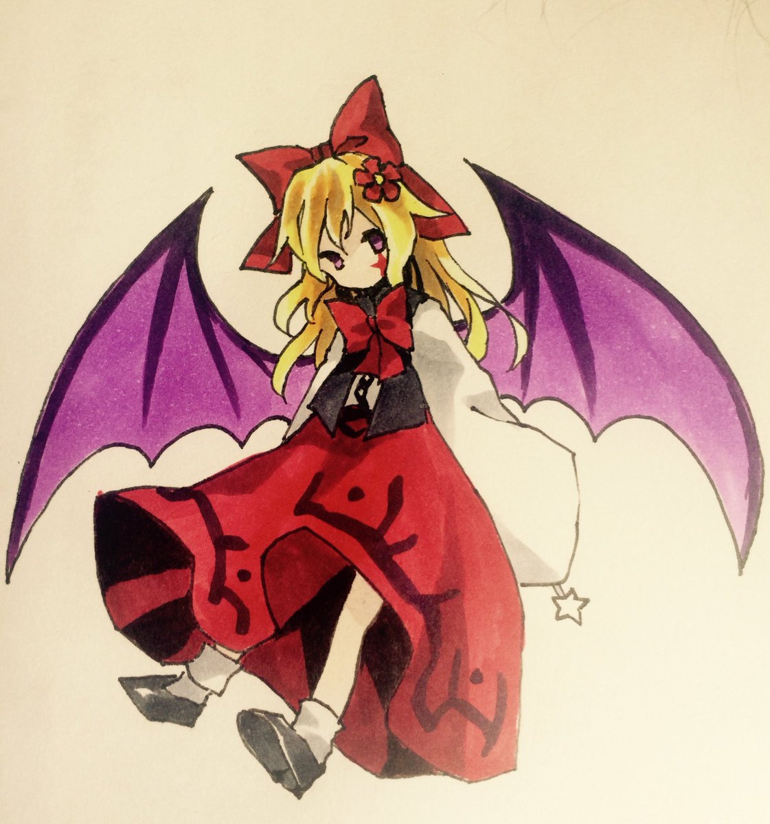 1girl bat_wings black_footwear black_vest blonde_hair commentary_request elis_(touhou) facial_mark flat_chest flower full_body hair_flower hair_ornament hair_ribbon highres holding holding_wand kaigen_1025 long_hair long_sleeves marker_(medium) neck_ribbon no_mouth no_nose open_clothes open_vest purple_wings red_flower red_ribbon red_skirt ribbon shirt skirt sleeves_past_fingers sleeves_past_wrists socks solo star_(symbol) star_facial_mark star_wand touhou touhou_(pc-98) traditional_media vest violet_eyes wand white_shirt white_socks wings