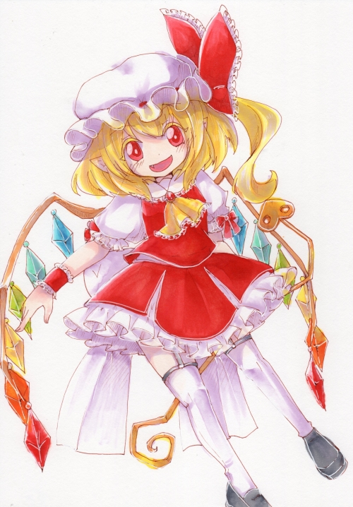 1girl adapted_weapon ascot black_footwear blonde_hair bow brooch collared_shirt crystal fang flandre_scarlet frilled_ascot frilled_bow frilled_shirt_collar frilled_sleeves frills full_body garter_straps hat hat_bow hat_ribbon holding holding_polearm holding_weapon jewelry kuriiro laevatein_(touhou) large_bow looking_at_viewer medium_hair mob_cap multicolored_wings one_side_up open_mouth petticoat polearm puffy_short_sleeves puffy_sleeves rainbow_order red_bow red_brooch red_eyes red_ribbon red_skirt red_vest ribbon ribbon-trimmed_headwear ribbon_trim shirt short_sleeves simple_background skirt skirt_set sleeve_bow solo thigh-highs touhou traditional_media vest weapon white_background white_headwear white_shirt white_thighhighs wings wrist_cuffs yellow_ascot