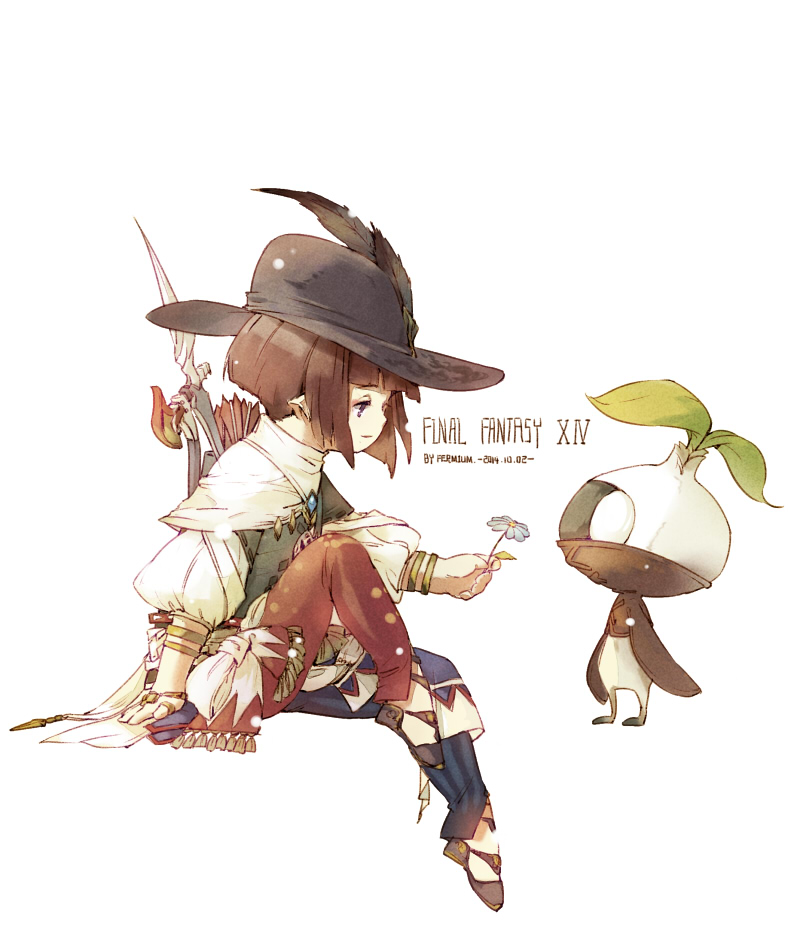 1girl asymmetrical_legwear bow_(weapon) brown_hair closed_mouth copyright_name fermium.ice final_fantasy final_fantasy_xiv flower gem gold_bracelet hat_feather holding holding_flower lalafell large_hat long_bangs mandragora_(final_fantasy) multicolored_clothes multiple_bracelets pointy_ears quiver short_hair signature sitting solo violet_eyes warrior_of_light_(ff14) weapon white_background wide_sleeves
