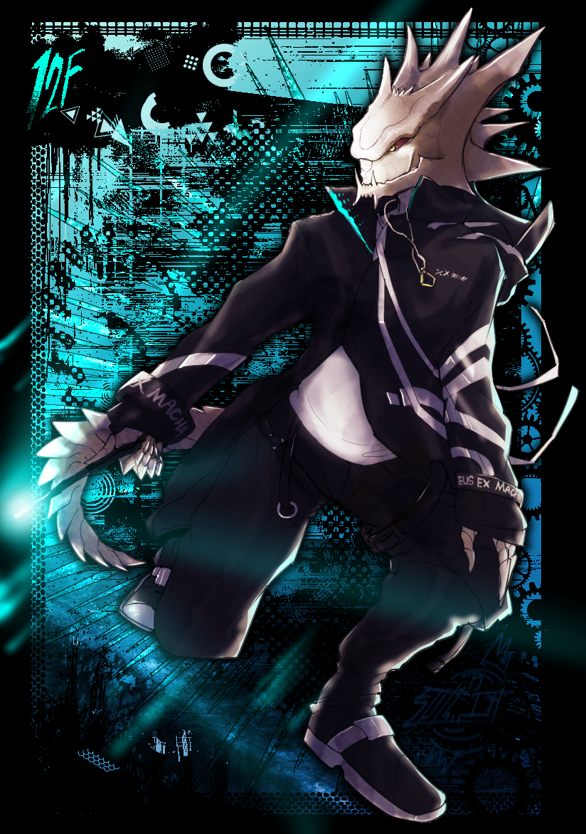 12f_(arknights) 1boy arknights black_footwear black_jacket black_pants blue_background character_name furry holding holding_weapon jacket jewelry larileon long_sleeves male_focus necklace pants solo tail weapon yellow_eyes
