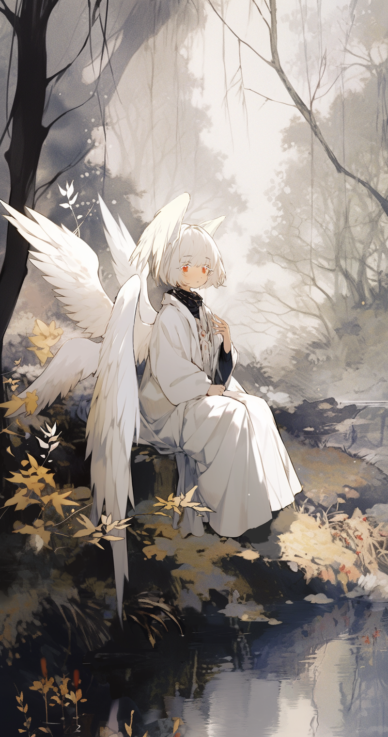 1girl ai-assisted angel angel_wings dress highres leaf midjourney multiple_wings nid417 original red_eyes river scenery short_hair sitting solo white_dress white_hair wings