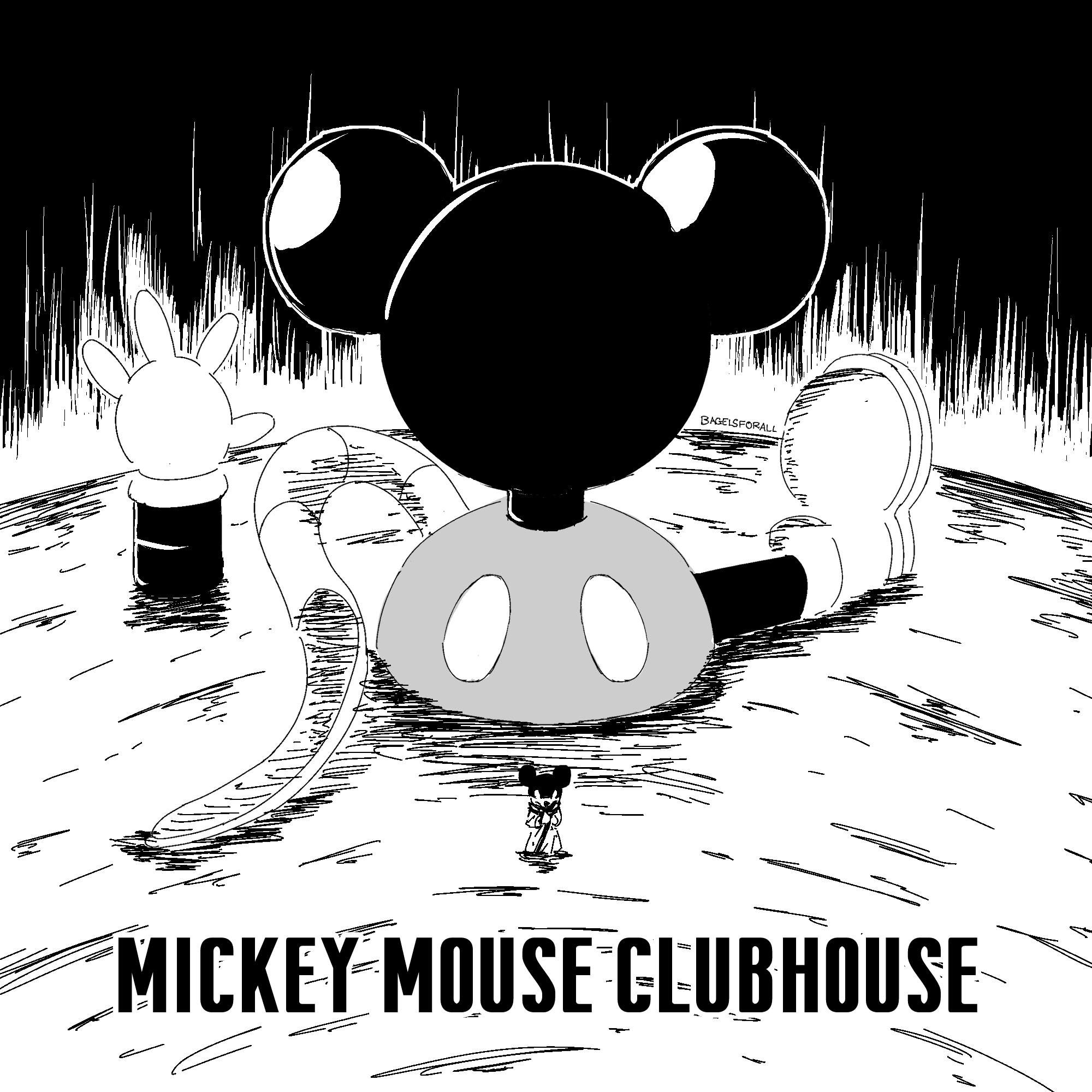 1boy artist_name bagelsforall disney english_text full_body greyscale highres male_focus mickey_mouse monochrome slide solo standing wide_shot