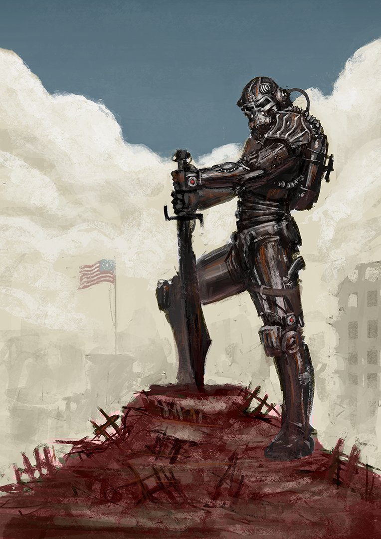 1boy american_flag armor backpack bag blue_sky cityscape clouds cloudy_sky fallout_(series) fallout_4 hill looking_at_viewer power_armor rotaken sky sole_survivor_(male) solo sword weapon