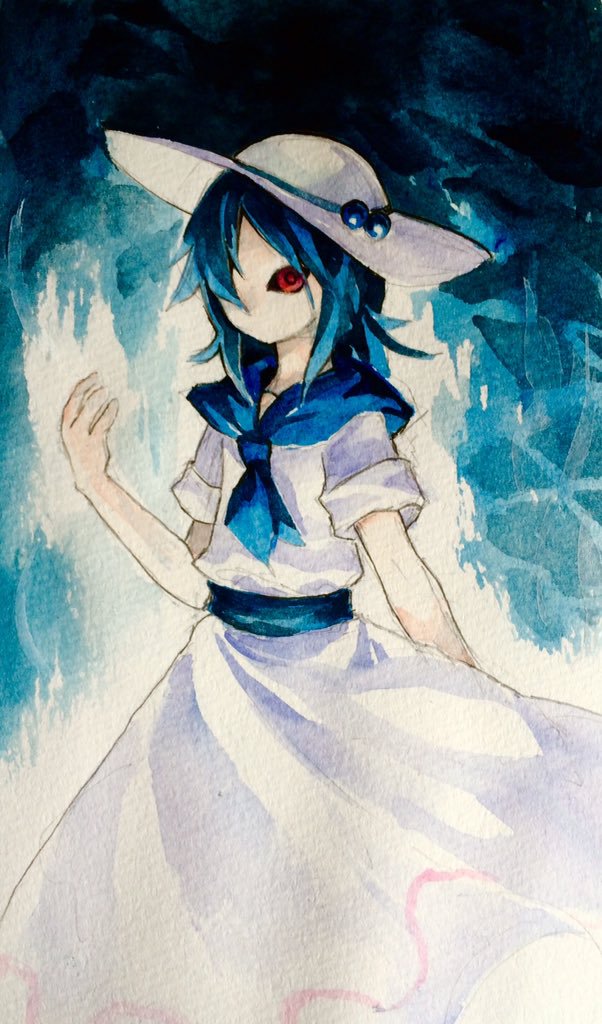 1girl black_sclera blue_hair blue_neckerchief blue_sash colored_sclera commentary_request dress flat_chest hair_over_one_eye hand_up hat kaigen_1025 louise_(touhou) medium_hair neckerchief no_mouth painting_(medium) sailor_dress sash short_sleeves solo touhou touhou_(pc-98) traditional_media watercolor_(medium) white_dress white_headwear