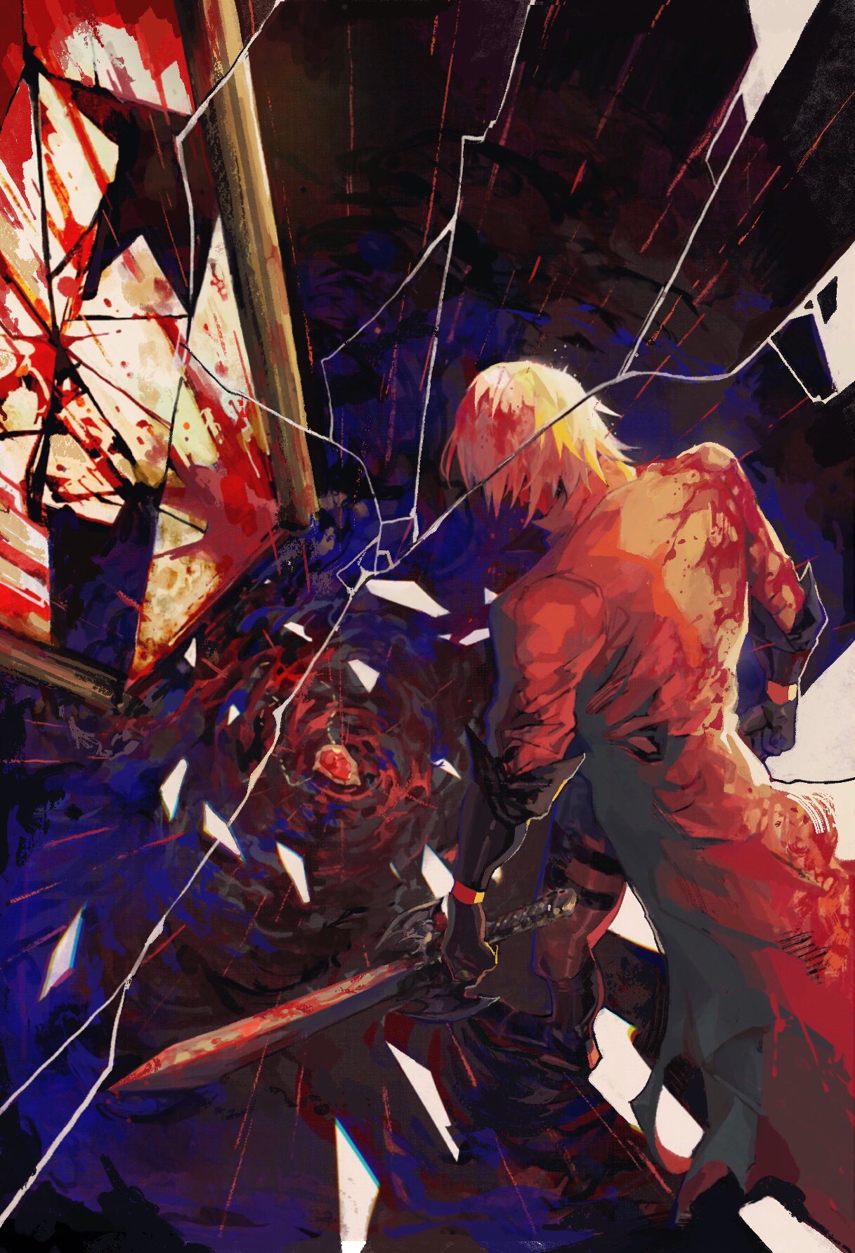1boy alastor_(sword) black_gloves blood blood_on_clothes blood_on_weapon coat dante_(devil_may_cry) devil_may_cry_(series) devil_may_cry_1 faceless faceless_male gloves highres holding holding_weapon jacket long_hair male_focus red_coat solo sword watergrass2814 weapon white_hair