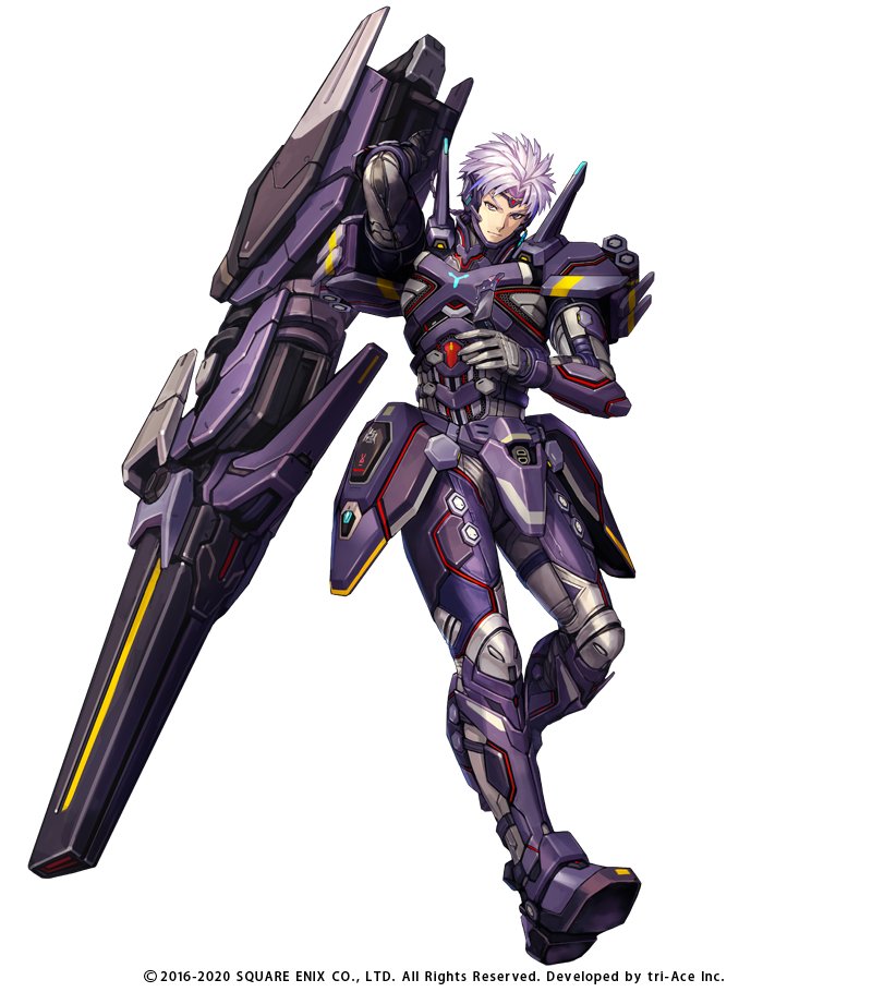 1boy arm_cannon armor artillery_armor_ricardo circlet closed_mouth commentary_request copyright_notice expressionless full_armor full_body kijimoto_yuuhi looking_at_viewer male_focus mecha official_art purple_armor purple_hair ricardo_franz robot short_hair simple_background solo star_ocean star_ocean_anamnesis v-shaped_eyebrows violet_eyes weapon white_background