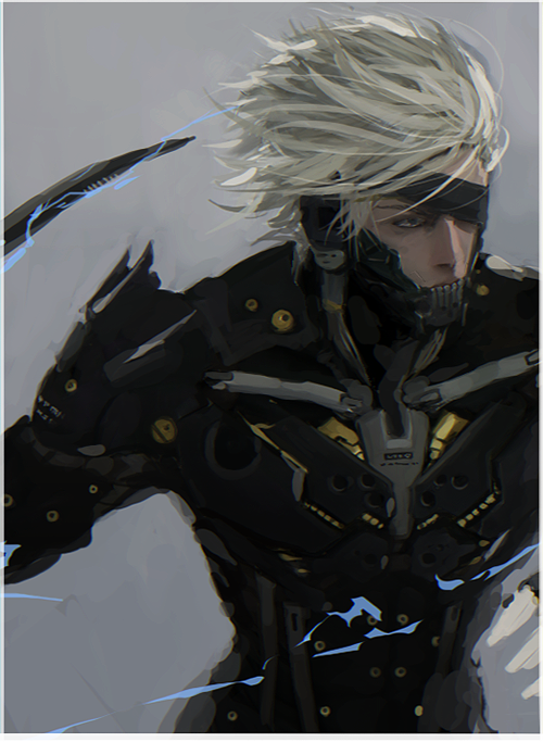 1boy blindfold chin_guard commentary cyborg d.k electricity floating_hair katana looking_ahead male_focus mechanical_parts metal_gear_(series) metal_gear_rising:_revengeance one_eye_covered raiden_(metal_gear) short_hair shoulder_pads solo sword symbol-only_commentary upper_body weapon white_hair