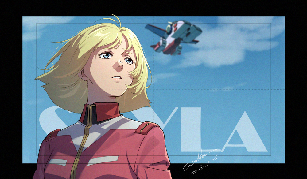 1girl artist_name black_border blonde_hair blue_eyes blue_sky border character_name clouds cloudy_sky collared_jacket dated day film_grain gundam jacket looking_up military_uniform mobile_suit_gundam outside_border parted_lips pink_jacket sayla_mass short_hair signature sky solo uniform upper_body werkbau white_base