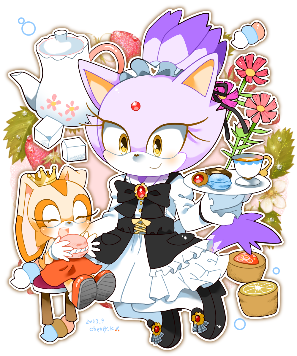 2girls animal_ears black_bow black_footwear blaze_the_cat bow cat_ears cat_girl cat_tail closed_eyes cream_the_rabbit crown cup dress food forehead_jewel frilled_dress frilled_sleeves frills furry furry_female highres holding holding_plate kusunoki_cherry macaron multiple_girls orange_dress orange_footwear plate ponytail rabbit_ears rabbit_girl smile sonic_(series) sugar_cube tail teacup teapot yellow_eyes