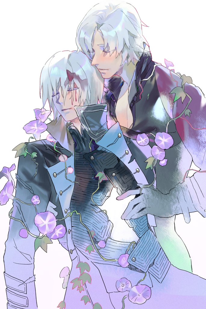 belt black_gloves blue_eyes brothers closed_eyes coat dante_(devil_may_cry) devil_may_cry_(series) devil_may_cry_2 devil_may_cry_5 flower gloves hair_down hair_over_one_eye holding long_hair male_focus multiple_boys purple_flower red_coat siblings simple_background vergil_(devil_may_cry) weapon weapon_on_back white_hair