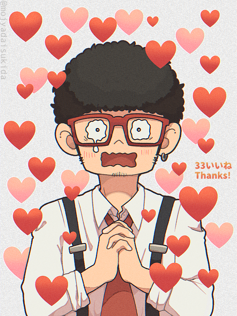 1boy black_hair blush earrings facial_hair franky_franklin heart jewelry looking_at_viewer male_focus necktie ouka_(gegege_853suki) own_hands_together red-framed_eyewear red_necktie shirt sideburns single_earring solo spy_x_family stubble suspenders tearing_up upper_body wavy_mouth white_shirt
