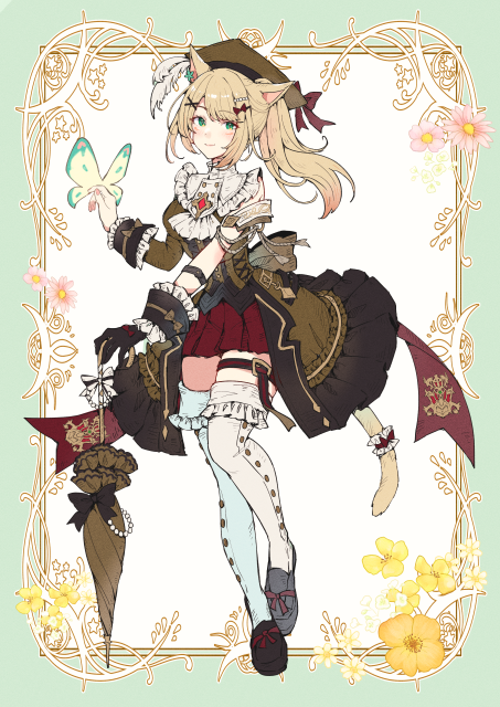 1girl animal_ears arm_strap asymmetrical_gloves asymmetrical_sleeves black_footwear black_gloves blonde_hair brown_dress brown_headwear brown_umbrella butterfly_wings cape cat_ears cat_tail closed_mouth closed_umbrella coat_of_arms dress fairy final_fantasy final_fantasy_xiv flower footwear_ribbon frilled_dress frilled_thighhighs frills full_body gloves green_eyes holding holding_umbrella insect_wings long_bangs long_hair looking_at_viewer miqo'te mokokoiro pleated_skirt ponytail red_skirt skirt solo tail tail_scrunchie thigh-highs thigh_strap two-tone_dress umbrella warrior_of_light_(ff14) white_cape white_thighhighs wings