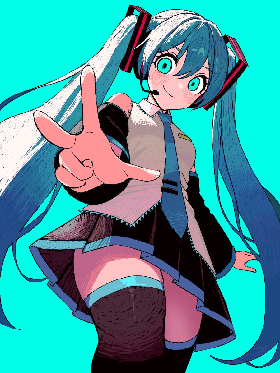 1girl aqua_background aqua_eyes armpit_crease arms_at_sides bare_shoulders black_skirt black_sleeves black_thighhighs blue_hair blue_necktie blush_stickers breasts closed_mouth collared_shirt cowboy_shot detached_sleeves dot_nose eyelashes from_below grin hair_between_eyes hatsune_miku headset highres long_eyelashes long_hair looking_at_viewer looking_down necktie pleated_skirt shade shirt sidelighting sidelocks simple_background skirt sleeveless sleeveless_shirt small_breasts smile solo tareme thick_thighs thigh-highs thighs tie_clip twintails v vocaloid white_shirt wide-eyed wide_hips wide_sleeves zeon_(zzeeonn) zettai_ryouiki