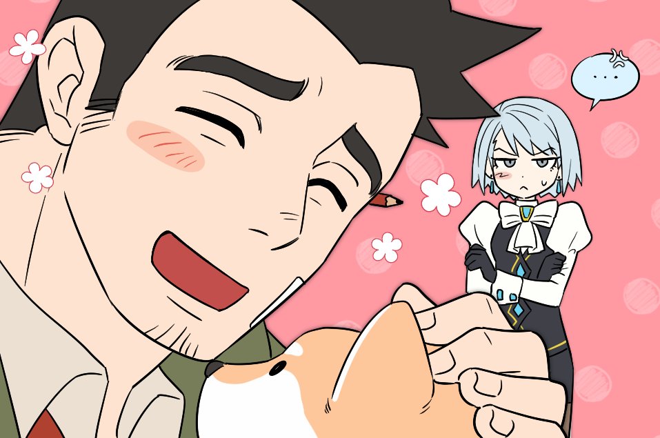 ... 1boy 1girl ace_attorney black_gloves black_skirt black_vest blush blush_stickers closed_eyes closed_mouth crossed_arms dick_gumshoe franziska_von_karma gloves grey_eyes grey_hair gwiga0 jitome missile_(ace_attorney) open_mouth pencil_behind_ear petting pink_background shiba_inu short_hair sideburns sideburns_stubble skirt sparse_stubble speech_bubble spoken_ellipsis sweatdrop vest world_is_mine_(vocaloid)