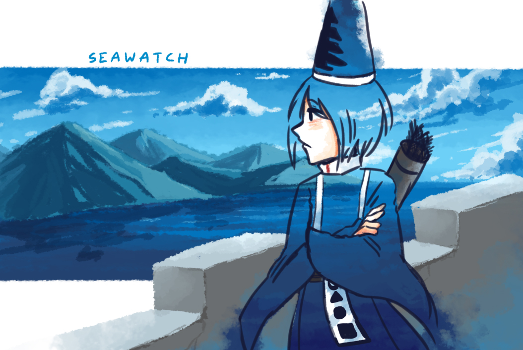 1other androgynous arrow_(projectile) blending blue_hair blue_headwear blue_sleeves clouds collar commentary cowboy_shot crossed_arms day english_commentary english_text hat high_collar japanese_clothes kariginu kashiwagi_kaoru len'en letterboxed long_hair looking_afar mixed-language_commentary mountain ocean other_focus outdoors outside_border short_hair sleeves_past_wrists solo tate_eboshi white_collar wide_sleeves yamanoskk