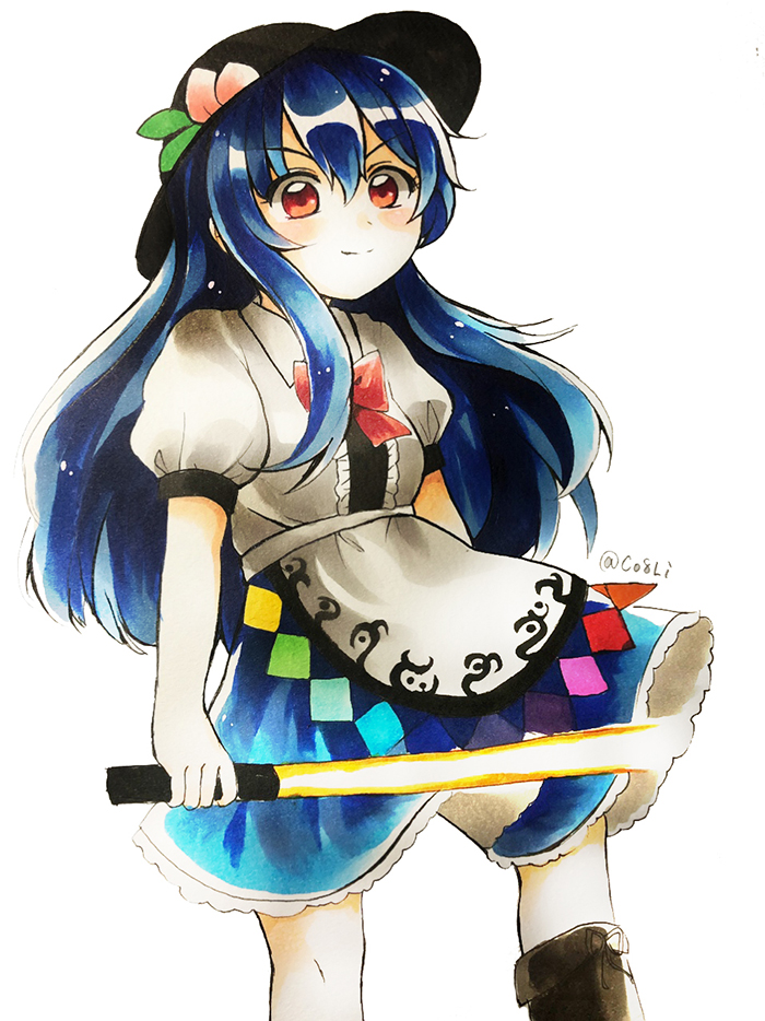 1girl apron black_headwear blue_hair blue_skirt boots bow bowtie center_frills closed_mouth collared_shirt feet_out_of_frame frills hair_between_eyes hat hinanawi_tenshi holding holding_sword holding_weapon leaf_hat_ornament light_smile long_hair looking_at_viewer maa_(forsythia1729) peach_hat_ornament print_apron puffy_short_sleeves puffy_sleeves red_bow red_bowtie red_eyes shirt short_sleeves simple_background skirt solo sword sword_of_hisou touhou v-shaped_eyebrows waist_apron weapon white_apron white_background white_shirt
