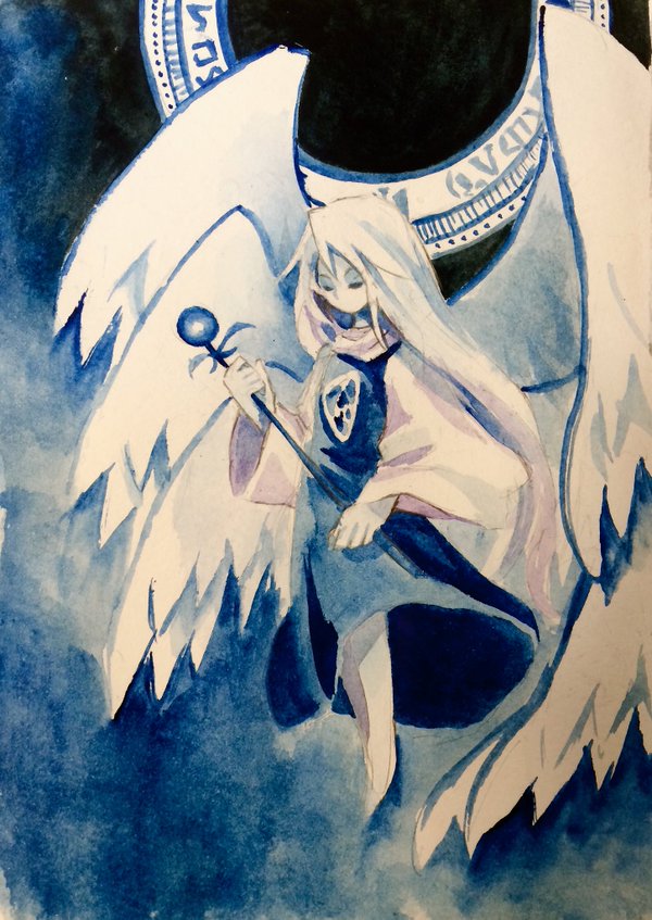 1girl blue_dress blue_theme colored_skin commentary_request dress feathered_wings flat_chest holding holding_staff kaigen_1025 long_hair long_sleeves multiple_wings no_mouth painting_(medium) sariel_(touhou) shirt solo staff touhou touhou_(pc-98) traditional_media watercolor_(medium) white_hair white_shirt white_skin white_wings wings